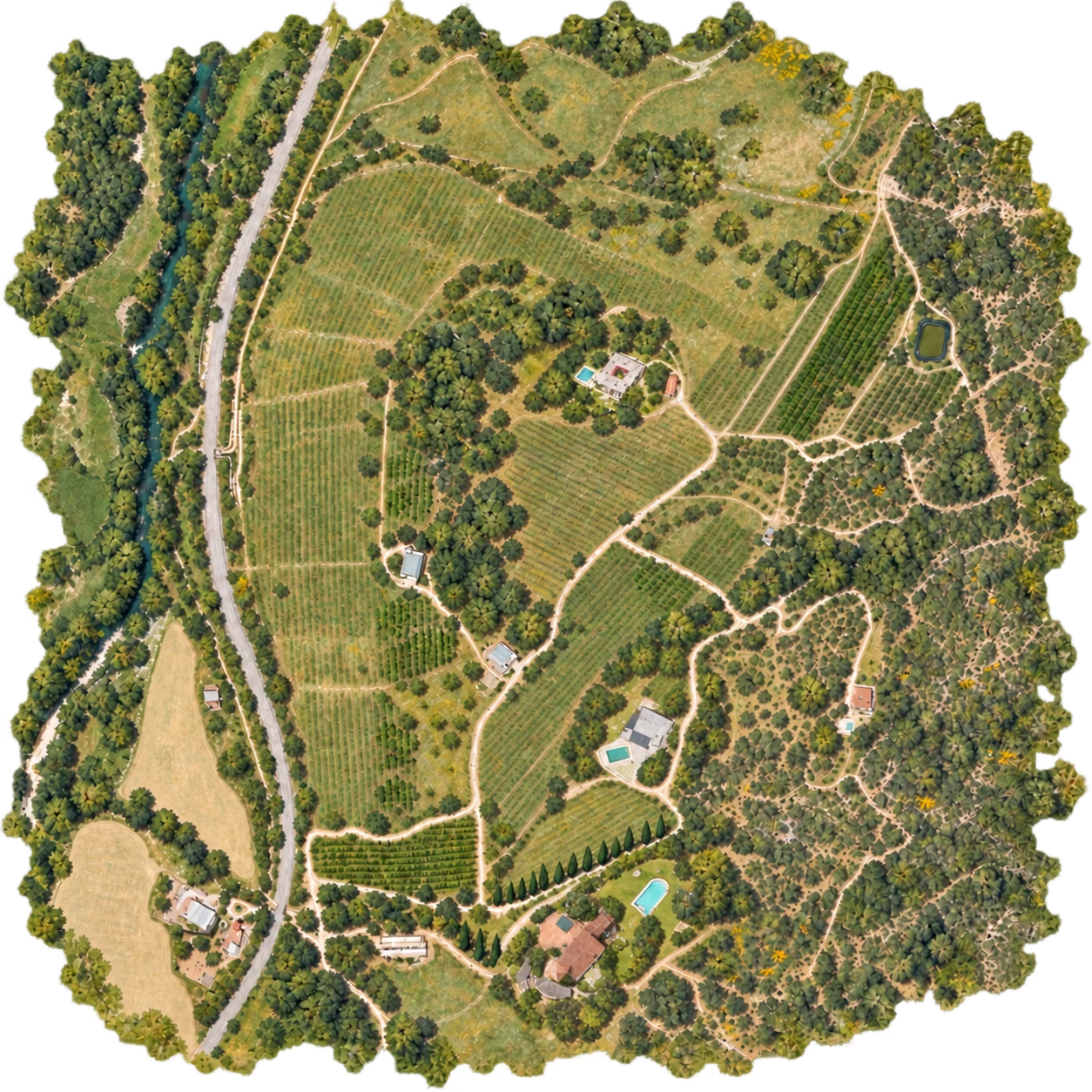Paisaje ilustrado de Alfacara: Zen al norte, La Huerta en el centro y La Torre al sur, con sus piscinas, caminos y arbolado. El río Guadiaro recorre el lado izquierdo.